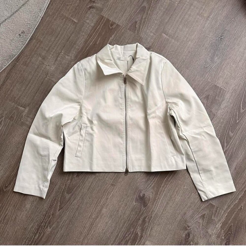 White pleather faux leather motorcycle biker zip-up jacket Size L NWT